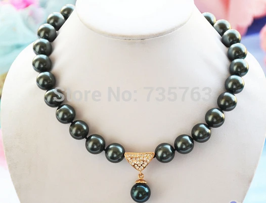 

HOT 0015320 17" 14mm Tahitian black round SOUTH SEA SHELL PEARL NECKLACE PENDANT