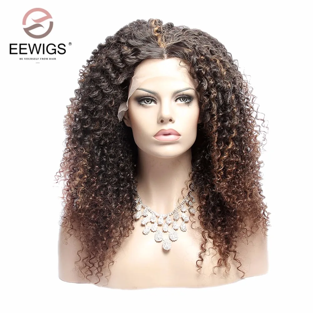 Kinky Curly Synthetic Lace Front Wig Afro Ombre Brown Natural Hairline Middle Part for Women