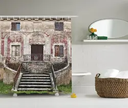 Тосканской деревенские окна со старыми деревянный затвора и глина цветочный горшок изображения полиэфирной ткани для ванной занавеска
