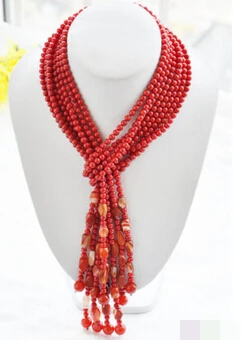 

huij 004785 real 4strands 50" red coral agate bead necklace