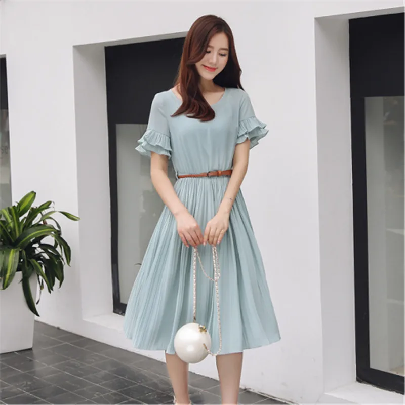 

New 2019 Pink Gray Light Green Dress Women Pleated Elastic Waist Mid-Calf Dress With Belt Butterfly Sleeve vestidos