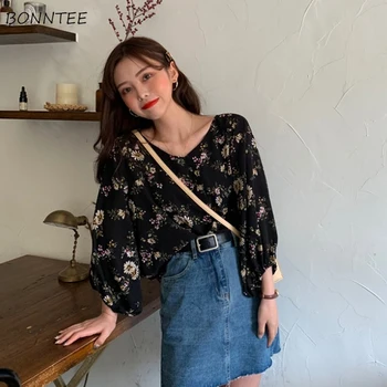 

Shirts Women Flower Retro All-match Trendy Loose Summer V-Neck Puff Sleeve Womens Korean Style Soft Female Clothing 2020 Lovely