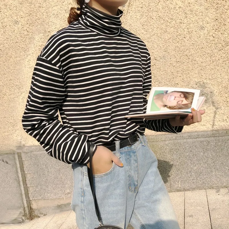 Женская водолазка в Корейском стиле Футболка Harajuku топ с длинными рукавами топы