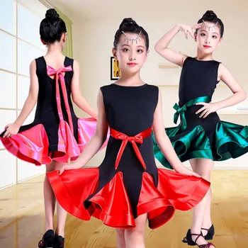 

Girls Green Red Pink Latin Dancing Dress Competition Kids Sleeveless Dance Event Ballroom Salsa Latin Dresses Costume Dancewear