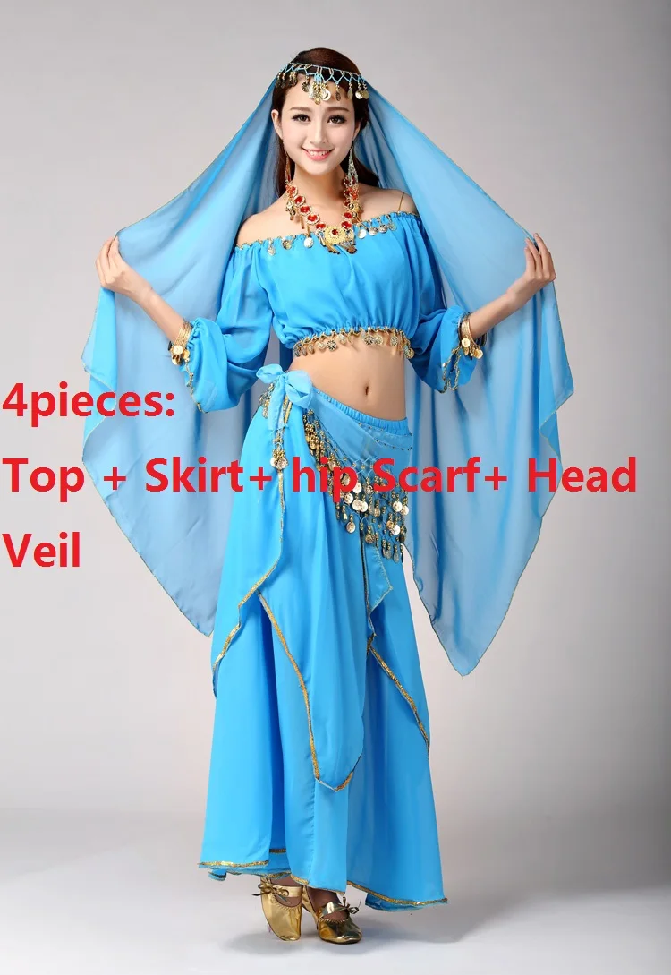 Набор костюма для танца живота танец живота Профессиональный Болливуд костюмы женские юбки размера плюс взрослые индийские платья для танцев s - Цвет: blue4pcs
