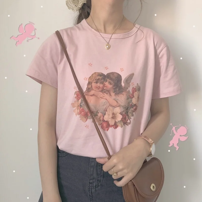 

kuakuayu HJN Women Retro Style Cherubs Kissing T-Shirt Cute Aesthetic White Tee 90s Ulzzang Fashion Top