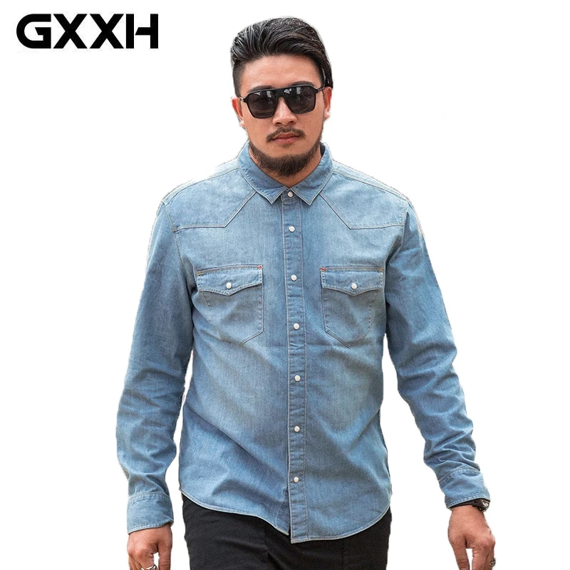 GXXH Light Blue Denim Shirt Men 100 Cotton Casual Male Denim Shirt Men