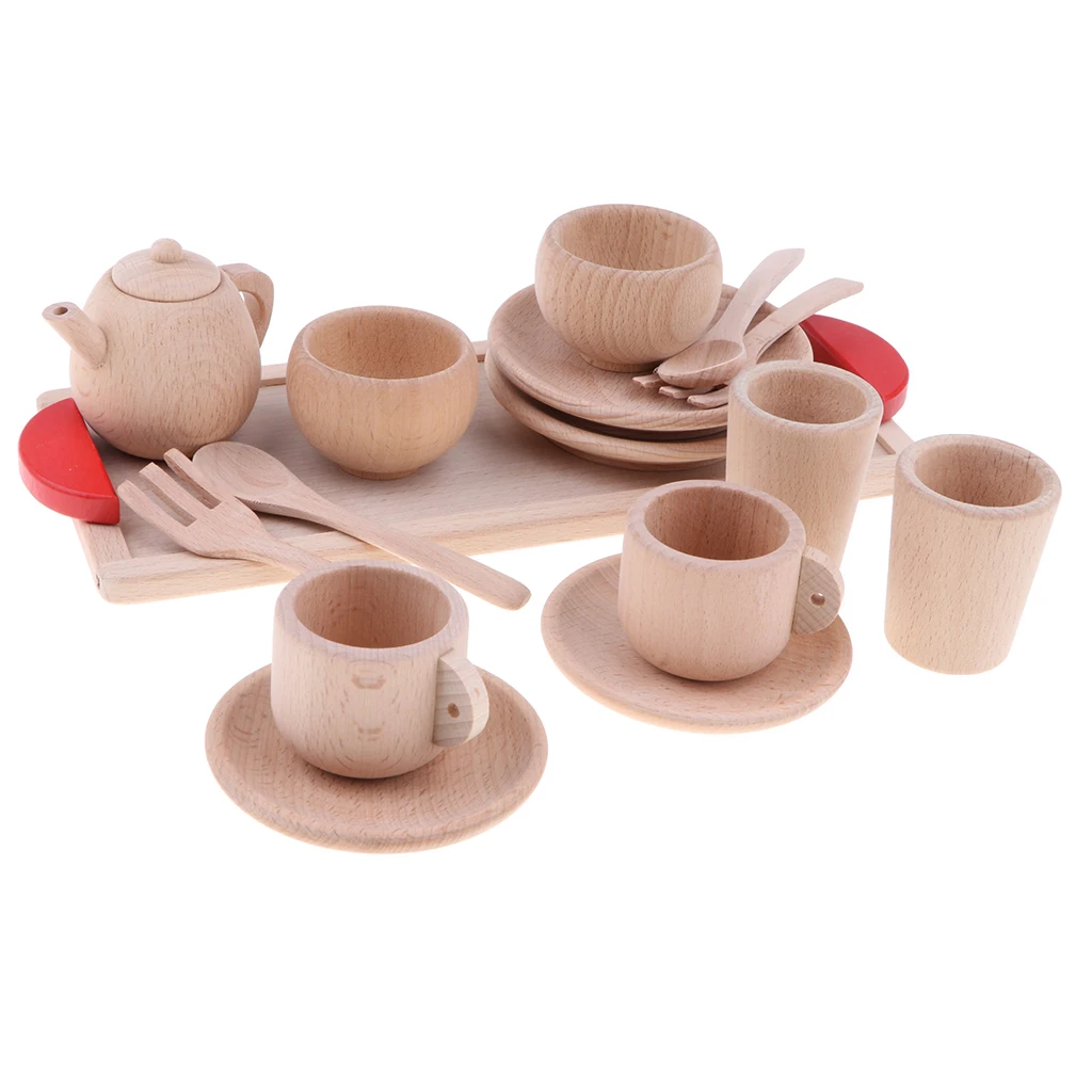 16-piece Wooden Tea Set Pretend Play Toy Educational Game For Kids Children - Soild Beech Saucer Cup Salver Teapot Coffee Set