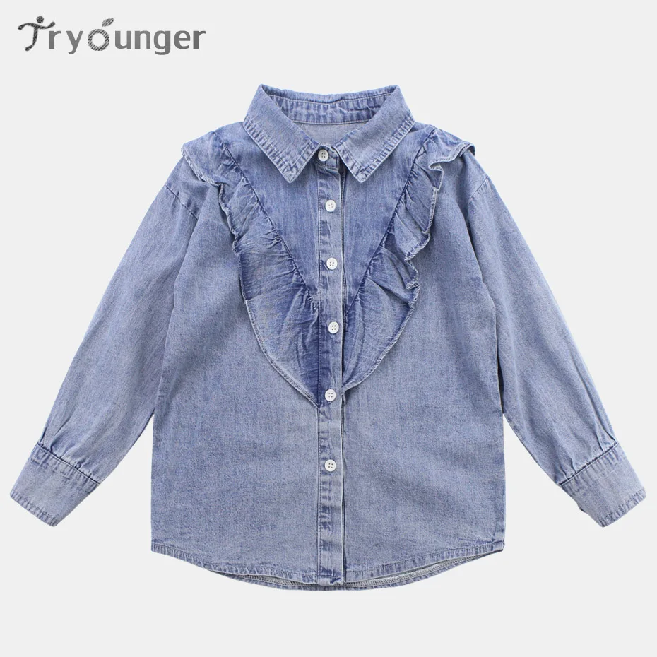 

Girls Denim Blouse Long Sleeve Blouse For Girls 2019 Kids Blouse 6 8 12 Years Teen Kids Clothing Lace Children Clothes Autumn