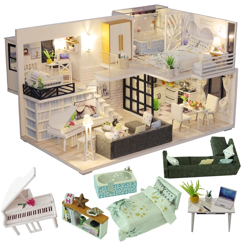 Cutebee DIY Doll House Miniature with Furniture LED Music Dust Cover Model Building Blocks Toys for Children Casa De Boneca M21