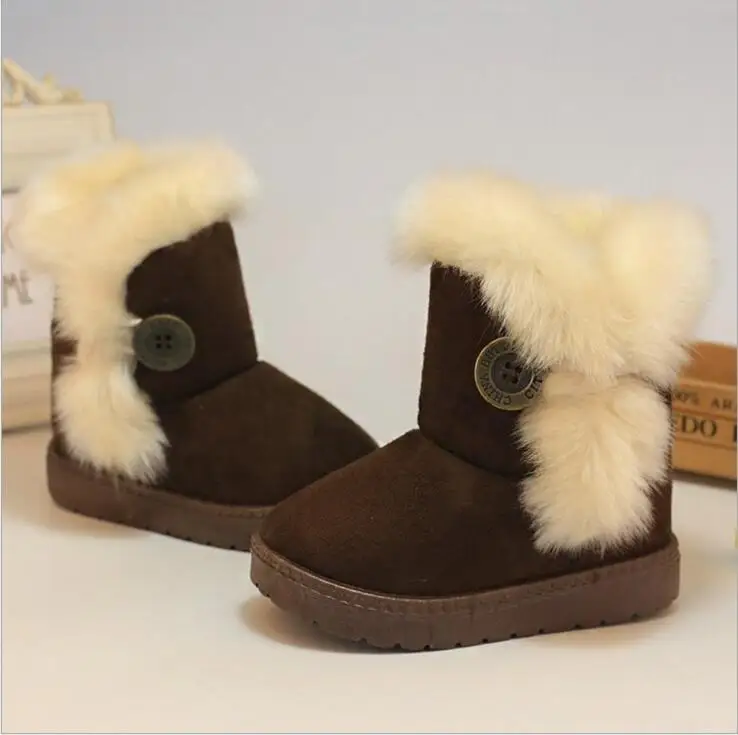 Новые Детские Снегоступы теплые толстые плюшевые детские резиновые Сапоги и ботинки для девочек замшевые Мех ботинки для девочек детская зимняя обувь Размеры 21-35 - Цвет: Коричневый