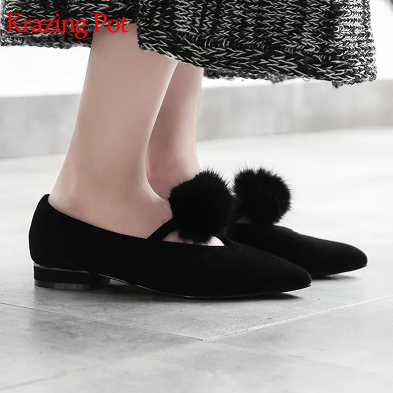 

Krazing pot 2019 sheep suede women brand low heel pumps solid color pointed toe comfortable mane ball pregnant lazy shoes L7f1