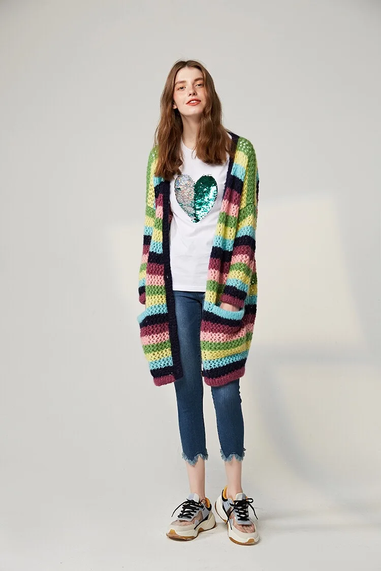 

women fashion rainbow stripe long sleeve V neck wool cardigans
