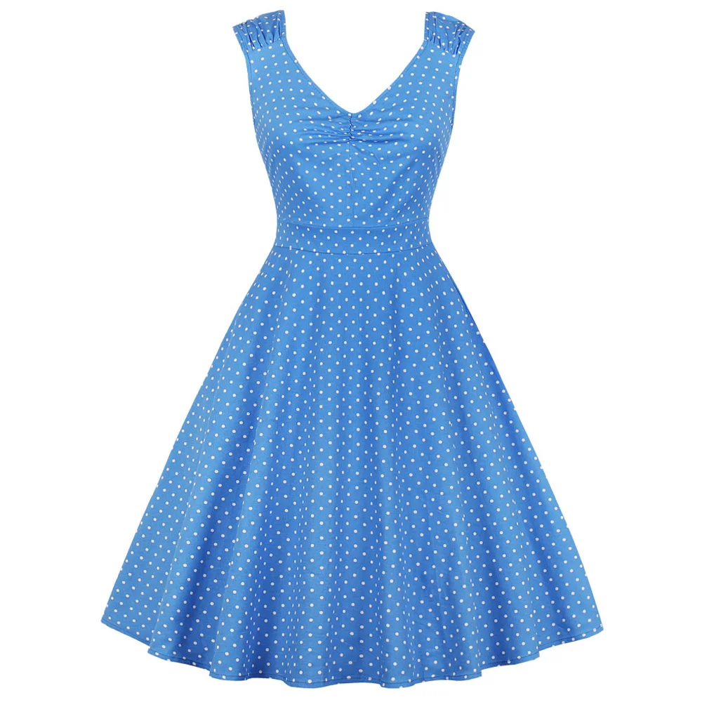 

Joineles Plus Size Blue Polka Dot Print Summer Vintage Dress 1960s Rockabilly Swing Retro Dress Party Office Vestidos Sundress