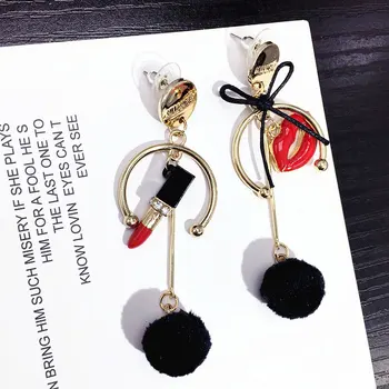 Fashion Asymmetric Sexy Red Lips Lipstick Earring Luxury Hair Ball Temperament Woman Tassel Long Earrings