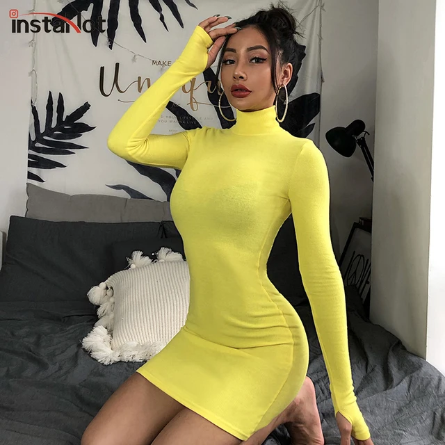US $9.49 InstaHot Turtleneck Long Sleeve Skinny Mini Dress Women Autumn Sexy Sporting Style Dresses 4 Color 