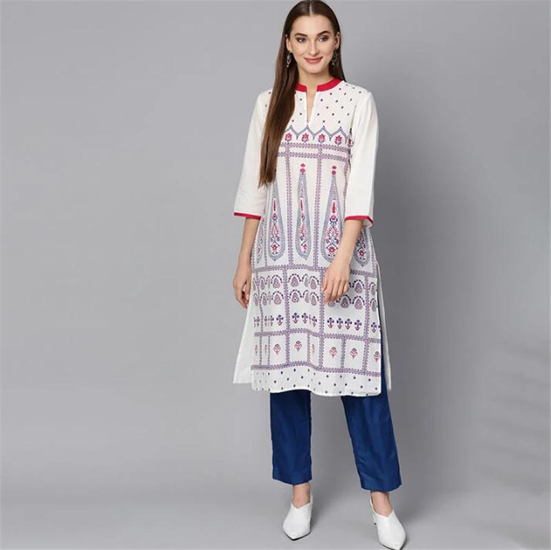 

New India Fashion Woman Ethnic Styles Print Set Cotton India Dress Three Quarter Sleeve Costume Elegent Lady Long Top