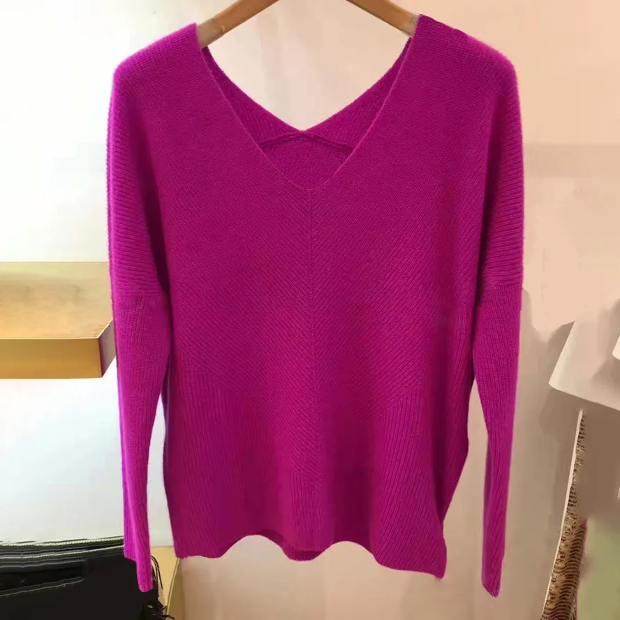 

Fuschia Wool Blend Sweater V-neck Drop Shoulder Long Sleeves Fashion Ribbed Knitwear OVERSIZED JERSEY 2019FALL