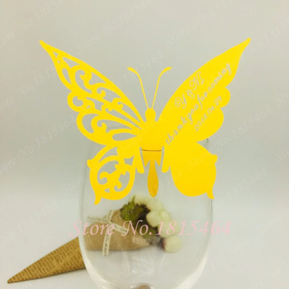 

60pcs DIY Place Card butterfly Cups Glass Wine Customized Wedding Name Cards Laser Cut Pearl Paper Card Birthday Party Decoratio