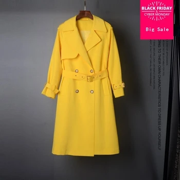 

High-end winter women's trench coat fashion turn down collar double breasted solid mid-long windbreaker casual outwear L1596