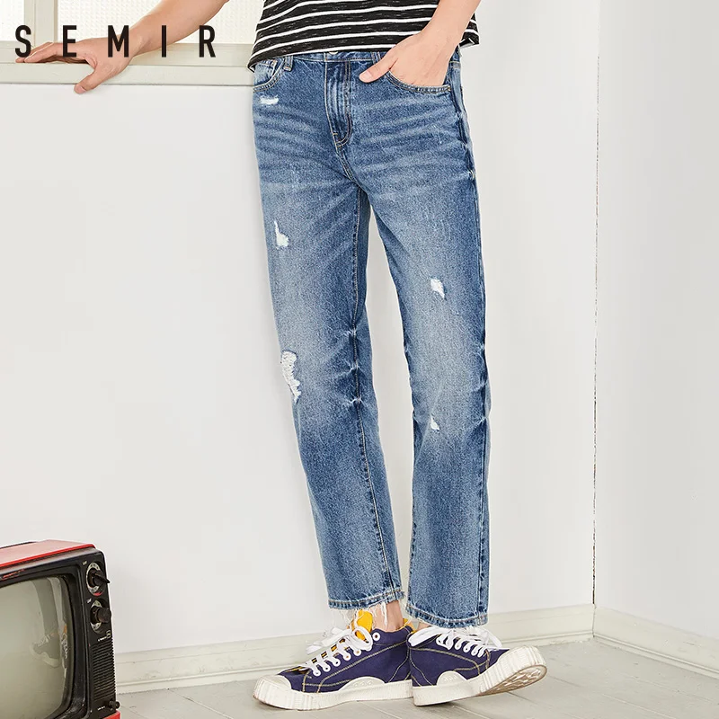 SEMIR мужские джинсы новые летние 2018 отверстие прямые девять минут брюки хлопковые
