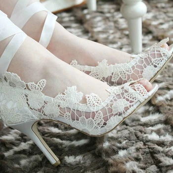 

Fashion White Lady Peep Toe Shoes for Wedding Graduation Party Prom Shoes Elegant high heel Lace Flower bridal wedding shoes