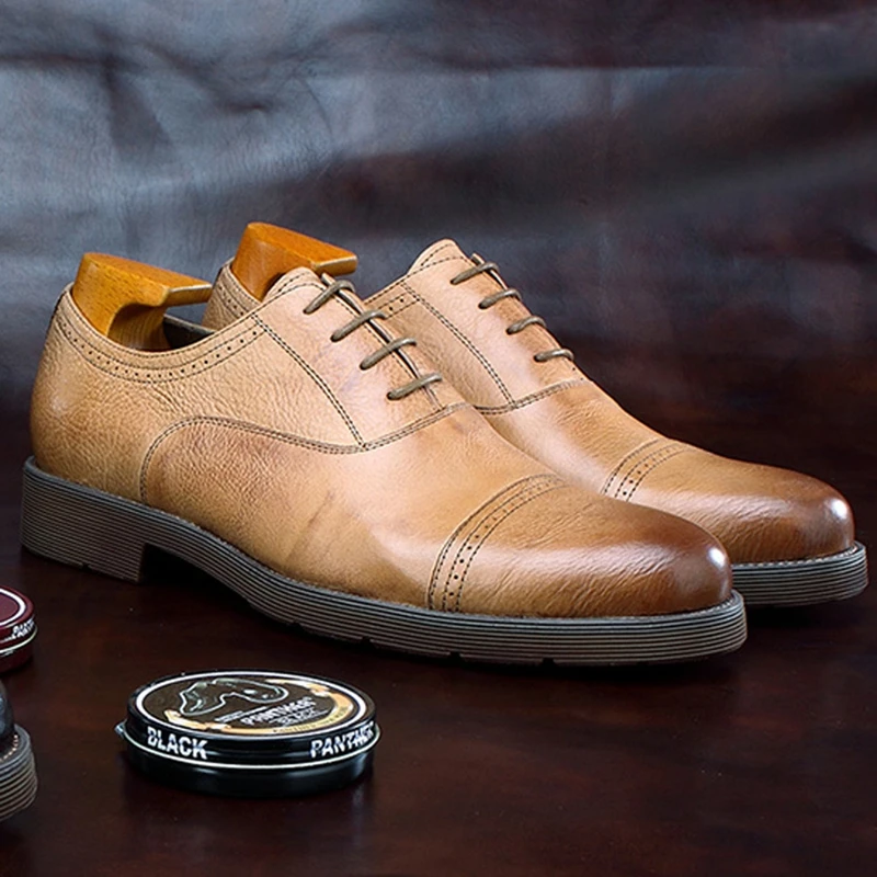 

Design Round Toe Man Formal Dress Retro Shoes Natural Genuine Leather Cap Toe Men's Oxfords Handmade Platform Footwear BGQ127