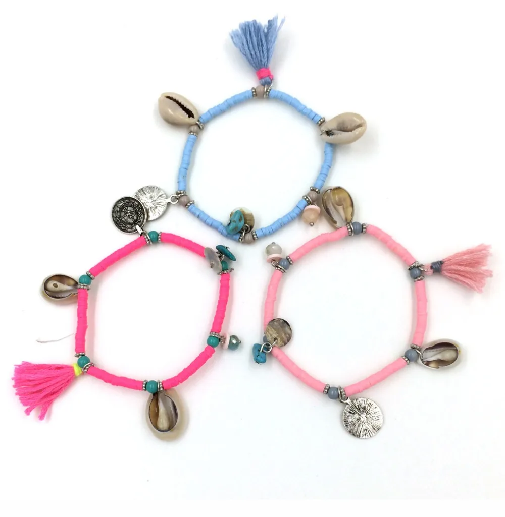 New European Boho Jewelry Suppliers Handcrafted Bracelet Polymer Clay Beaded Bracelets With Tassel Coin Charm Bracelet