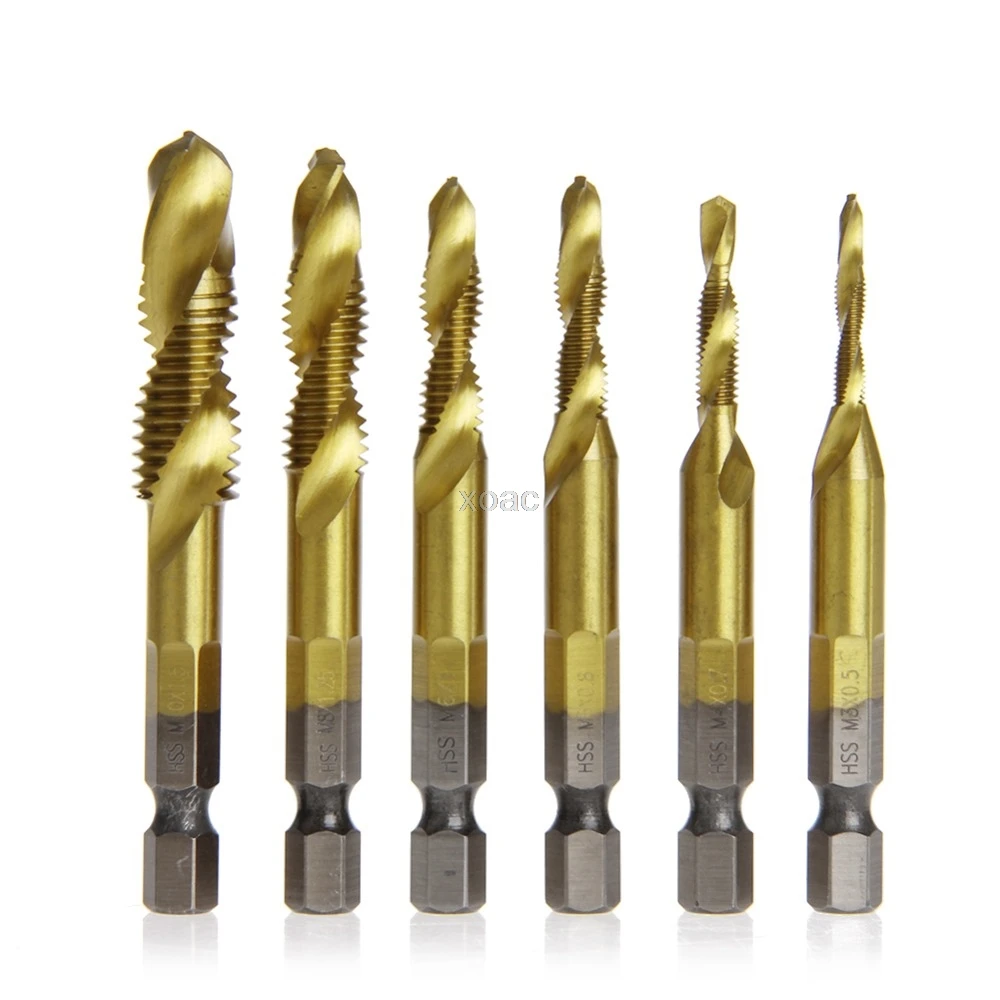 

6 Pcs/Set HSS4241 Titanium Coated Drill Bits Hex Shank Spiral Tap M3-M10 M04 dropship