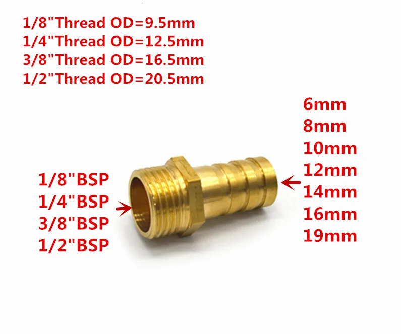 

Brass Pipe Fitting 6mm 8mm 10mm Hose Barb Tail 1/8" BSP Male Connector Joint Copper Coupler Adapter
