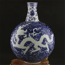 Античная мин Юнлэ синий и белый термос ваза морской дракон узор ваза