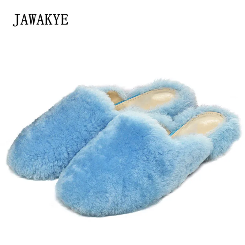

2018 Blue Rosy Red Wool Fur Slippers Woman Round Toe Fashion Yellow Flat Shoes Woman Warm Lazy Shoes