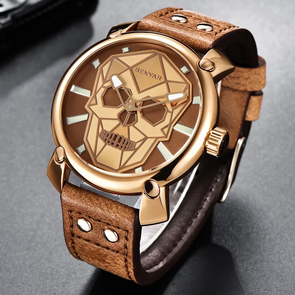 BENYAR Cool Skull мужские часы Топ люксовый бренд креативные Кварцевые Золотые панк