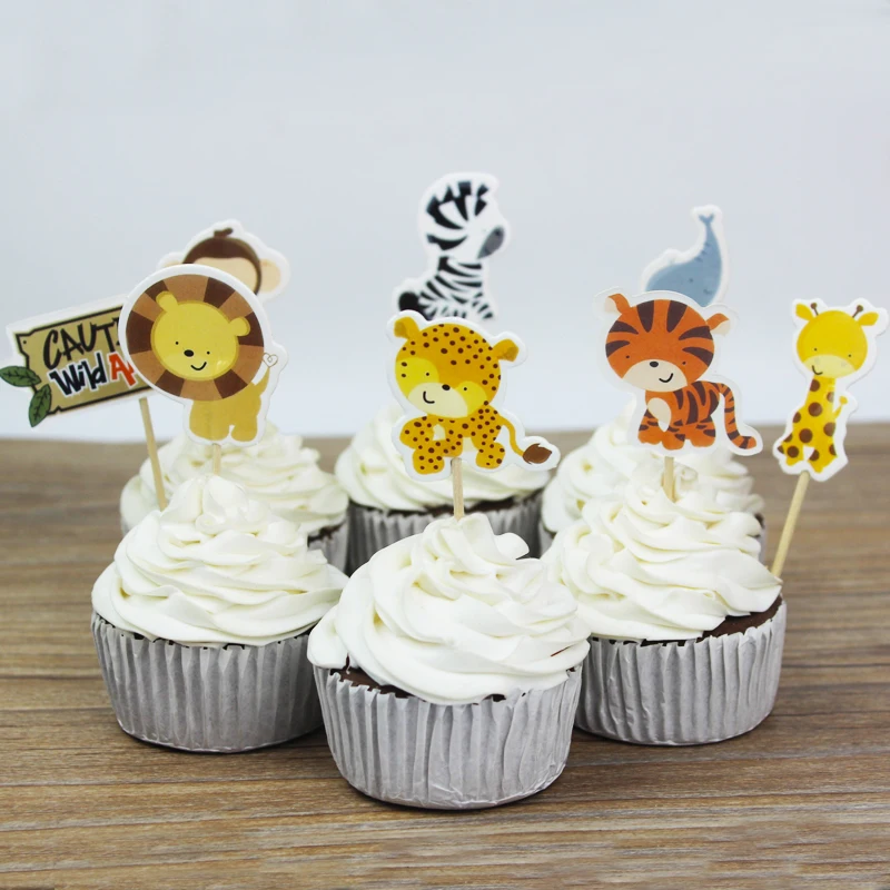 24Pcs/lot Wild Animal Party Cupcake Toppers Picks Birthday Decor