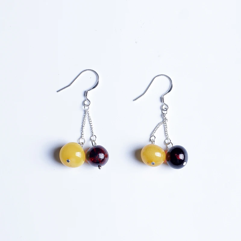 

JIUDUO Old beeswax earrings chicken oil yellow female s925 sterling silver anti-allergic earrings amber blue pearl earrings new
