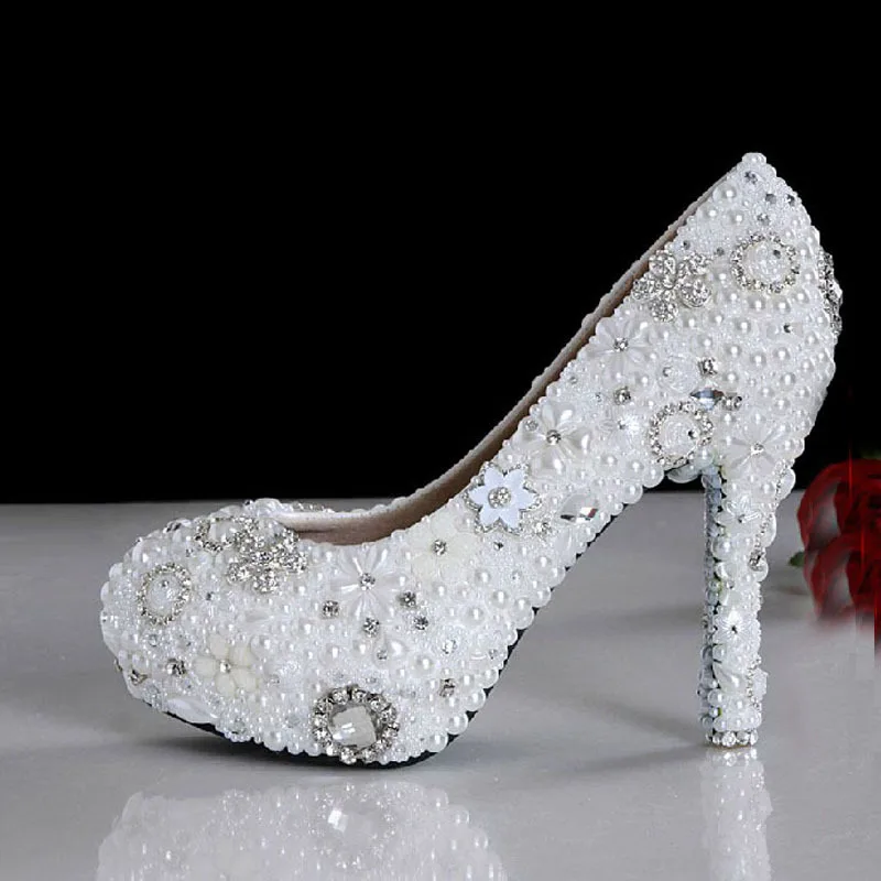 Luxurious High Heel Shoes Pearl Rhinestone Shoes Gorgeous Party Pumps Handmade White Wedding Dress Shoes Bridal Shoes