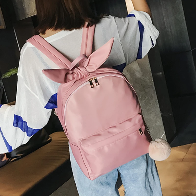 Pink Cute Bow Waterproof Nylon Backpacks Travel Zipper School Backpack