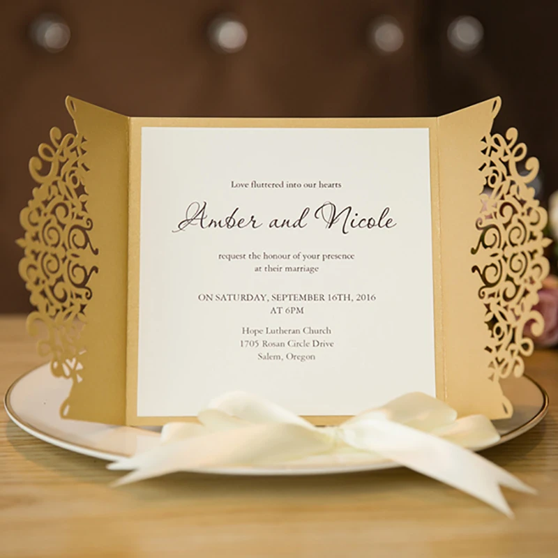  10 Kits Blank Inside Print Gold Laser Cut Invitations Cards Paper Customize Fold Ribbons Bow Weddin - 32867725309