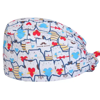

Cute Cat Women Surgical Scrub Cap Pattern Hospital Nurse OR Work Hats Dentist Pet Shop Tieback Chef Waiter Working Hat