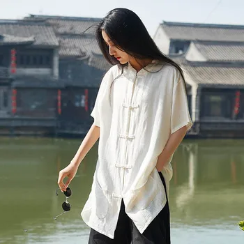 

2020 New Arrival Women Fashion Summer Short Sleeve Chinese Style Vintage Loose Cotton Linen Blouse Shirt Lady Top