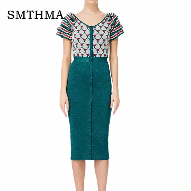 

SMTHMA Summer Dress 2019 Sweet Geometric print Knitting Dress women Short Sleeve Single-breasted Bodycon Dresses