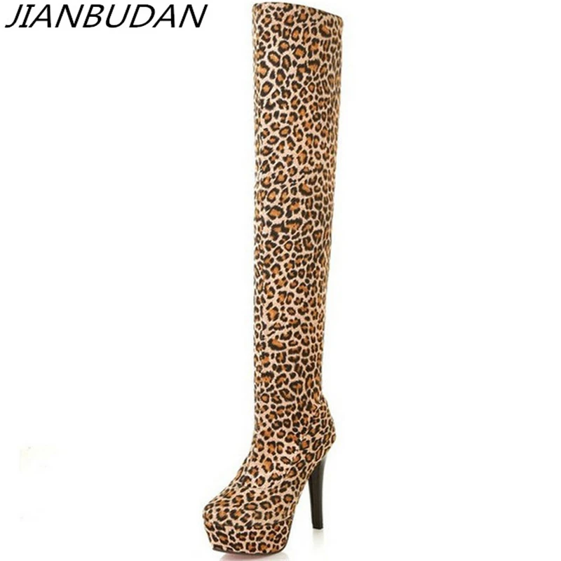 

JIANBUDAN 12.5cm High-heeled autumn thigh high boots over knee boots womens Sexy 2019 Leopard Elastic over the knee boots 34-43