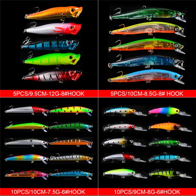 48PCS Minnow Popper Lure Kit Fishing Lure Wobbler Crankbait Minnow Bass Trolling Artificial Bait for Carp Fishing Lures Set