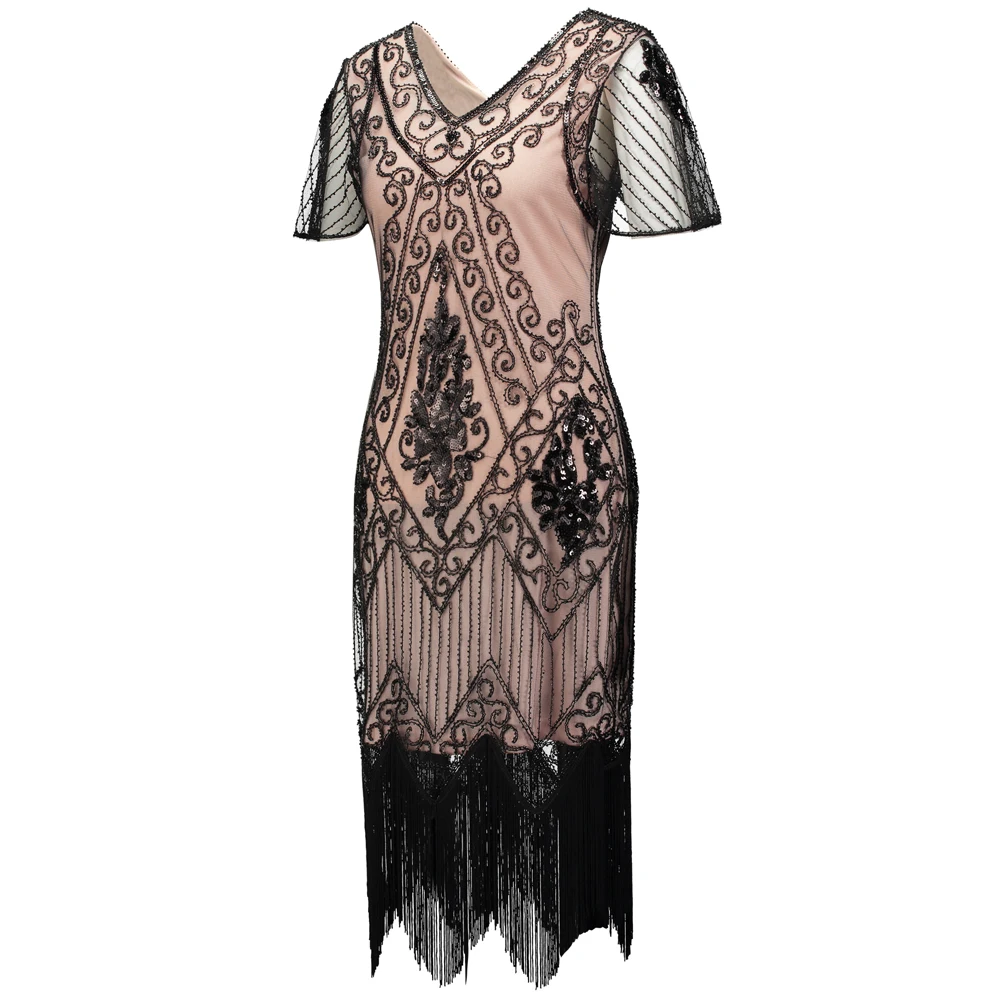 Украшенное бисером платье с блестками, платье Vestidos, женское платье 1920 s, винтажное платье с v-образным вырезом и рукавом-бабочкой, длинное платье Great Gatsby