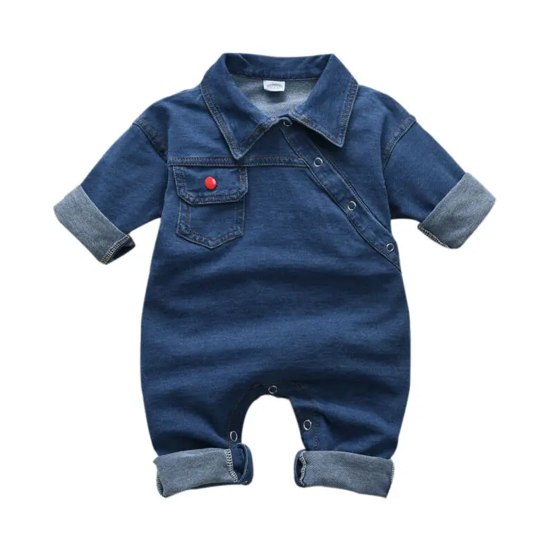 

2019 Toddler Kids Baby Girl Boy Denim Rompers Long Sleeve Turn-down Collar Jumpsuit Unisex Baby Autumn Clothes Solid Romper 0-4Y