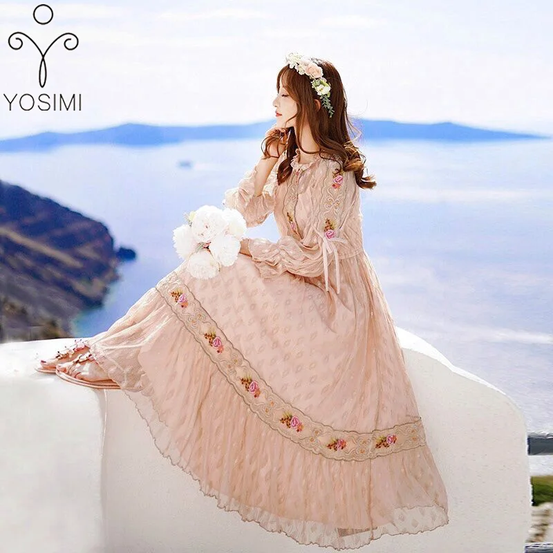 YOSIMI 2019 летнее кружевное длинное платье Женское Платье макси с цветочной вышивкой
