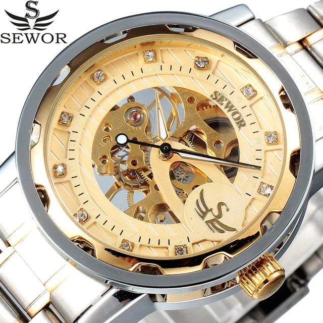 

Top Brand SEWOR Golden Skeleton Mechanical Watches Mens Designer Rhinestone Stainless Steel Strap Male Clock Men Wrist Watch