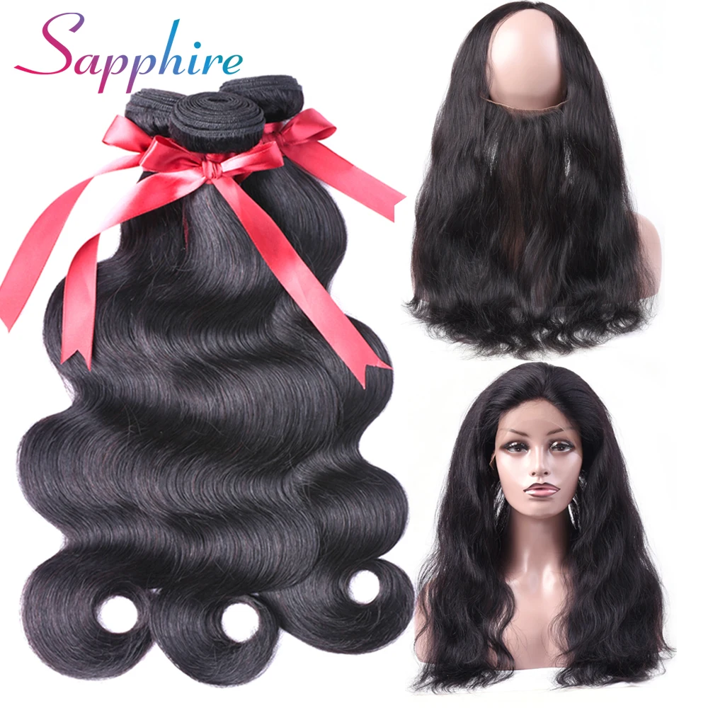 SAPPHIRE 360 Lace Frontal With Bundle Peruvian Body Wave Hair 3 Bundles Closure Human Free Part Non Remy | Шиньоны и парики