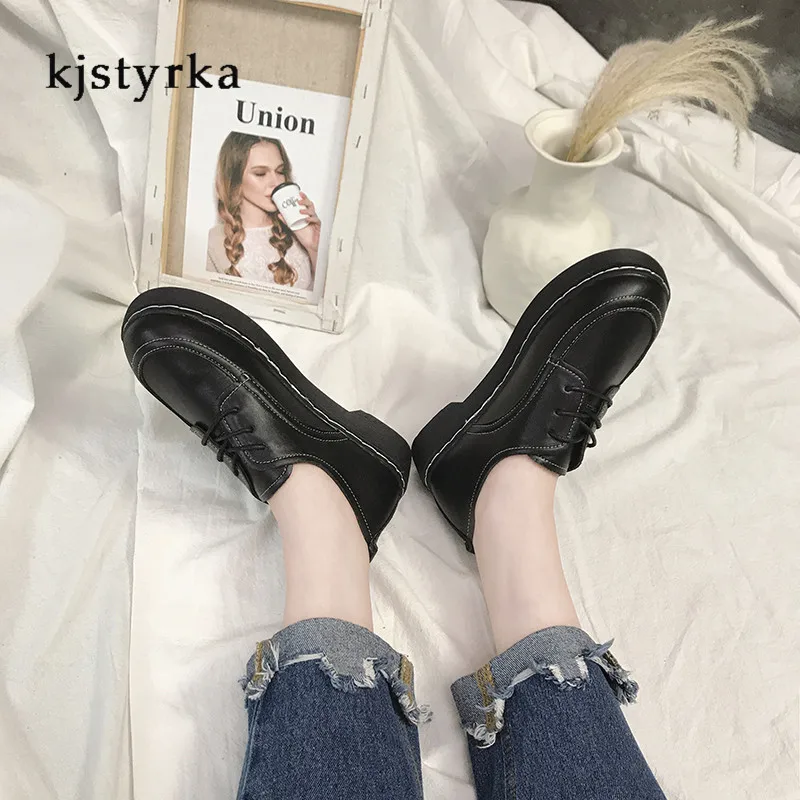Kjstyrka/ г.; модная Высококачественная винтажная женская обувь на плоской подошве с круглым носком в британском стиле; кожаные оксфорды с широкими шнурками; sapato feminino