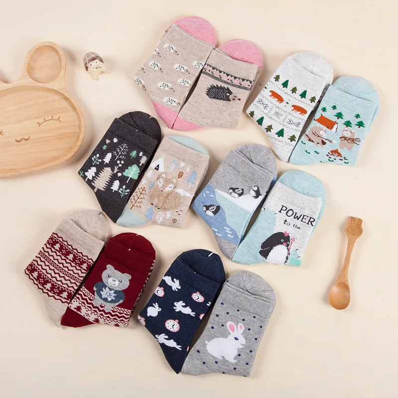 4pcs=2Pairs/lot Women Socks Cartoon Animals Cotton Kawaii Girl Short Harajuku Street Tide Casual Socks Christmas Gift Socks